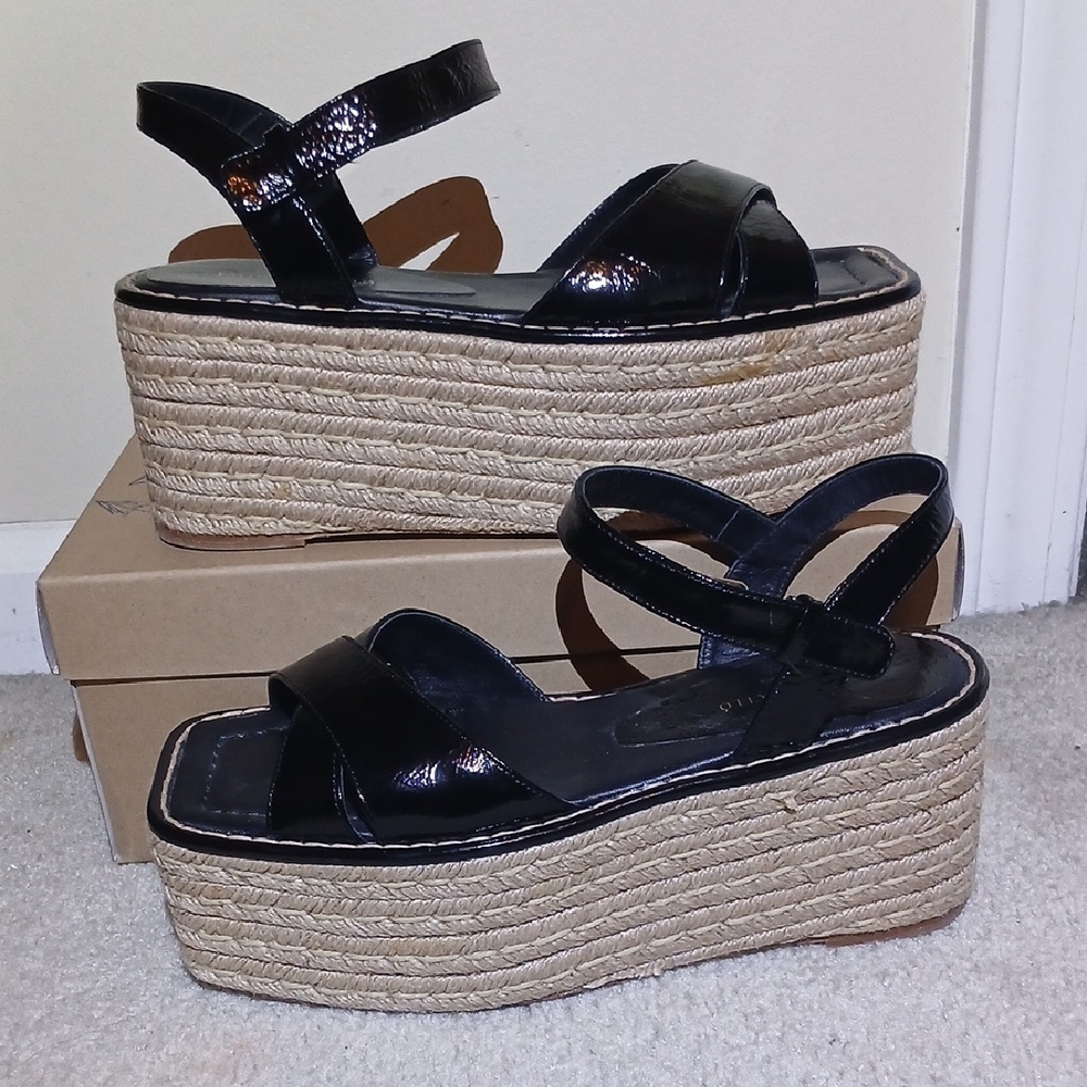 Paloma Barcelo Platform Black & Jute Sandals Women's 8/38